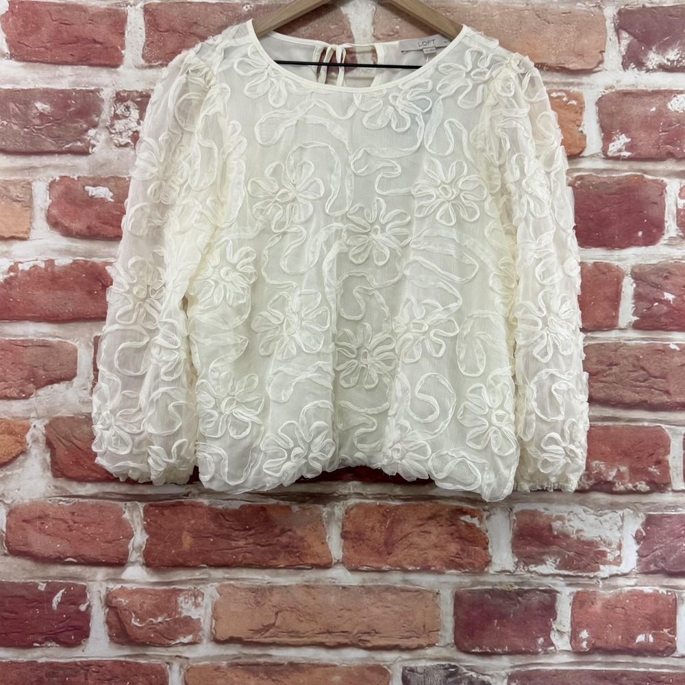 Ann Taylor Loft Top Women's Large Petite White Floral Textured Chiffon Shirt